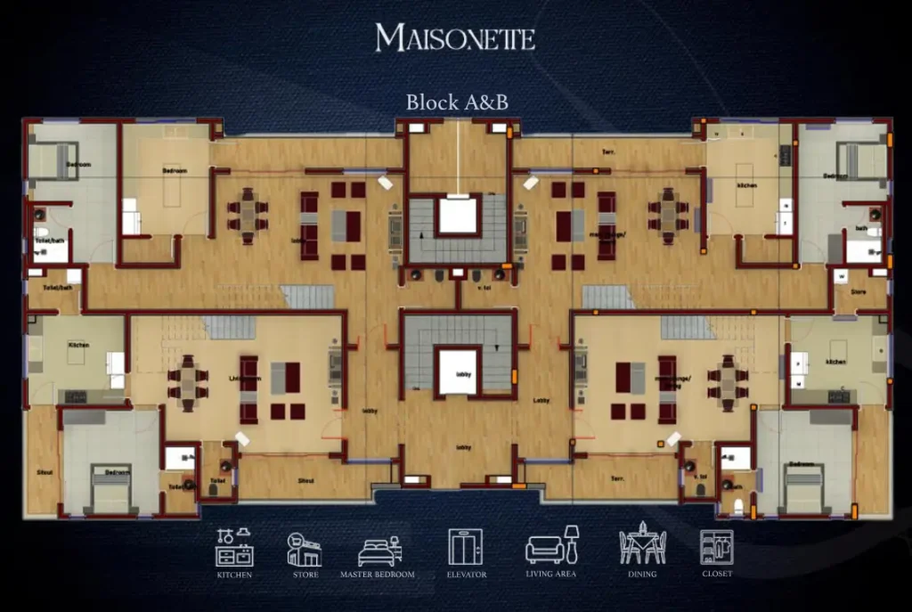 The Pantheon Apartment 3 Bed Maisonnet floor plan. Block A&B