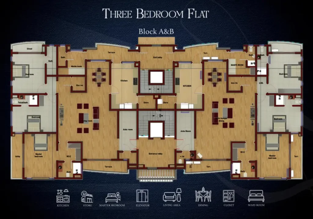The Pantheon Apartment 3 bedroom floor plan. Block A&B