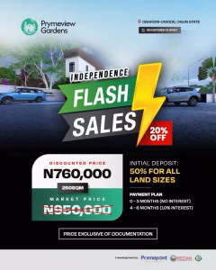 Prymeview Gardens Obafemi Owode 250sqm Independece Flash sale price flier