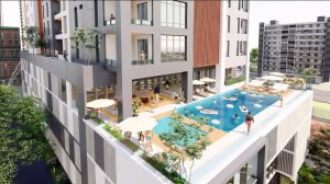 Rooftop infinity pool and fitness center at Phoenix Rising Eko Atlantic City, providing luxury leisure in Lagos’ smart city.