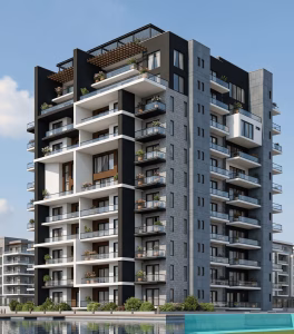 Atari Residences Ikoyi: 4 Premium Waterfront Homes 1 Architectural render of Atari Residence Ikoyi luxury apartment tower with glass-fronted balconies, modern facade, landscaped waterfront, and surrounding residences