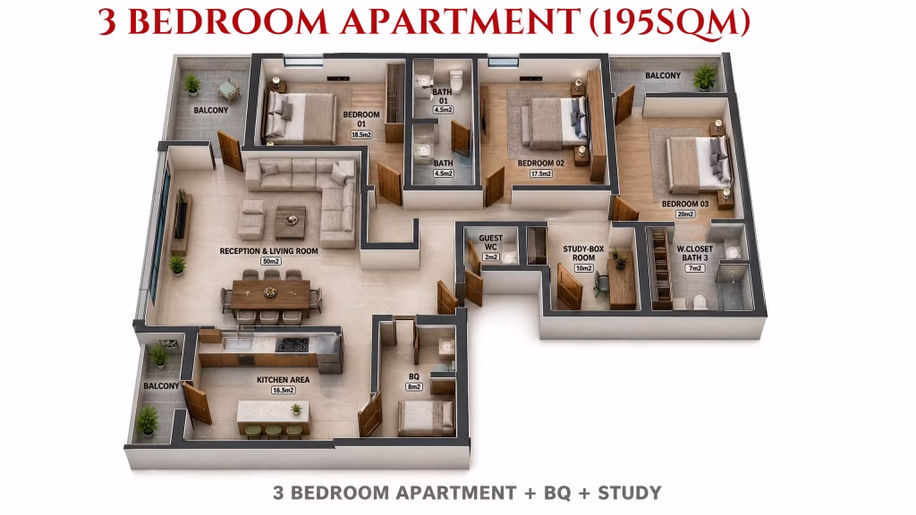 Floor plan layout for 195 sqm 3-bedroom apartment at Phoenix Rising Eko Atlantic City