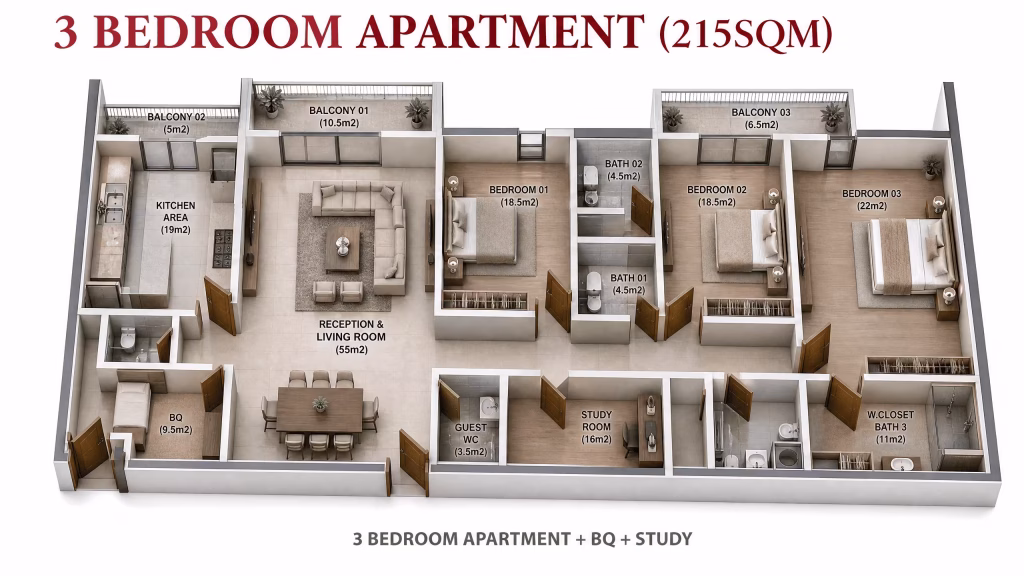 Floor plan layout for 215 sqm 3-bedroom apartment with study and BQ at Phoenix Rising Eko Atlantic