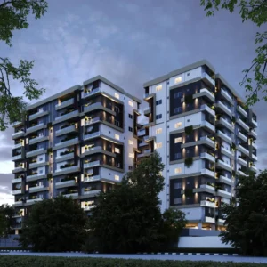 Stunning exterior architectural rendering of the completed 54 Glover Ikoyi luxury twin towers illuminated beautifully at dusk.