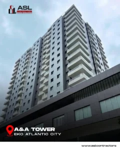 A&A Tower Eko Atlantic — Premium Oceanfront Apartments Lagos. 1 Upward exterior view of the completed, modern residential high-rise facade of A&A Tower Eko Atlantic.