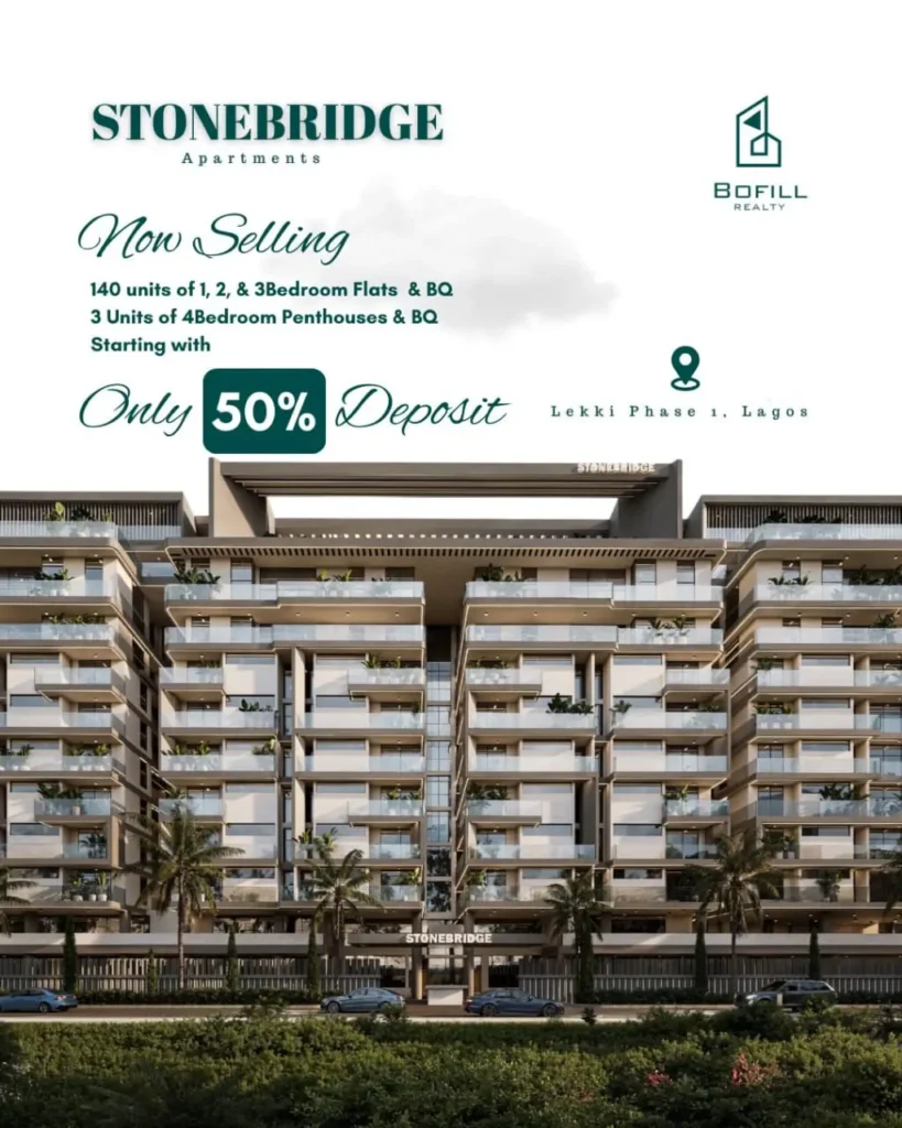 Sales flyer for Stonebridge Apartments Lekki Phase 1 featuring luxury flats and penthouses.