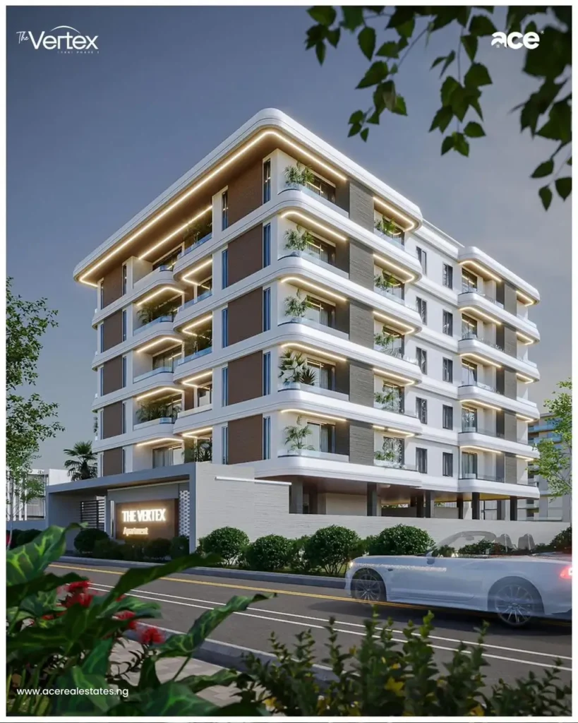 The Vertex Lekki | 2-Bed Smart Apartments 2 Architectural exterior view of The Vertex Lekki Phase 1 luxury building.