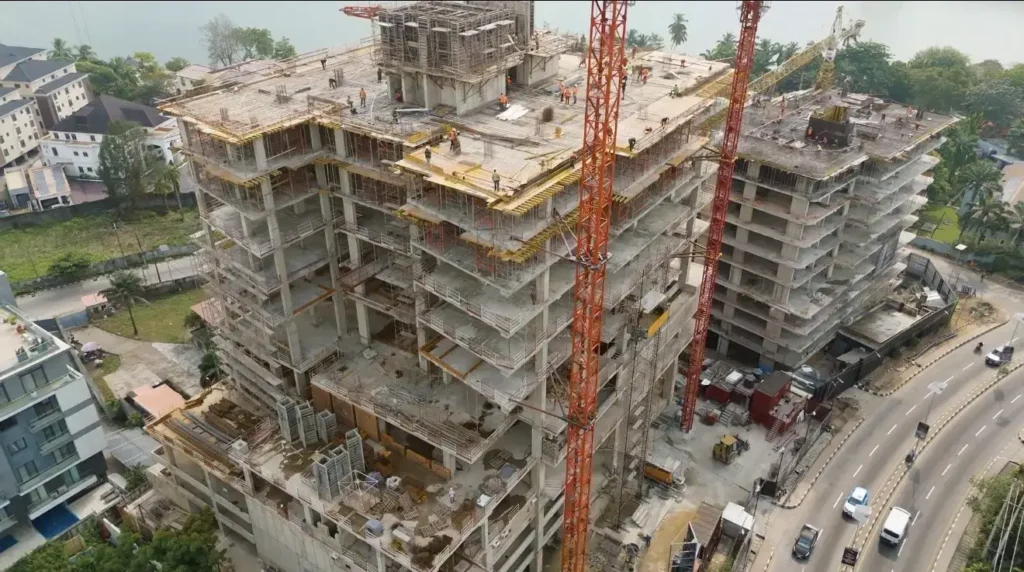 High-angle aerial drone photograph showing site construction progress at 16 Alexander Tower Ikoyi