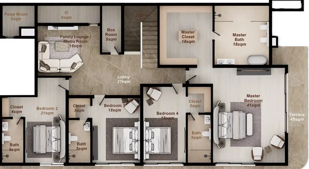 2D floor plan layout for a 5 bedroom Type A upper floor at Amani Banana Island showing 41sqm master suite, media room, and 45sqm terrace
