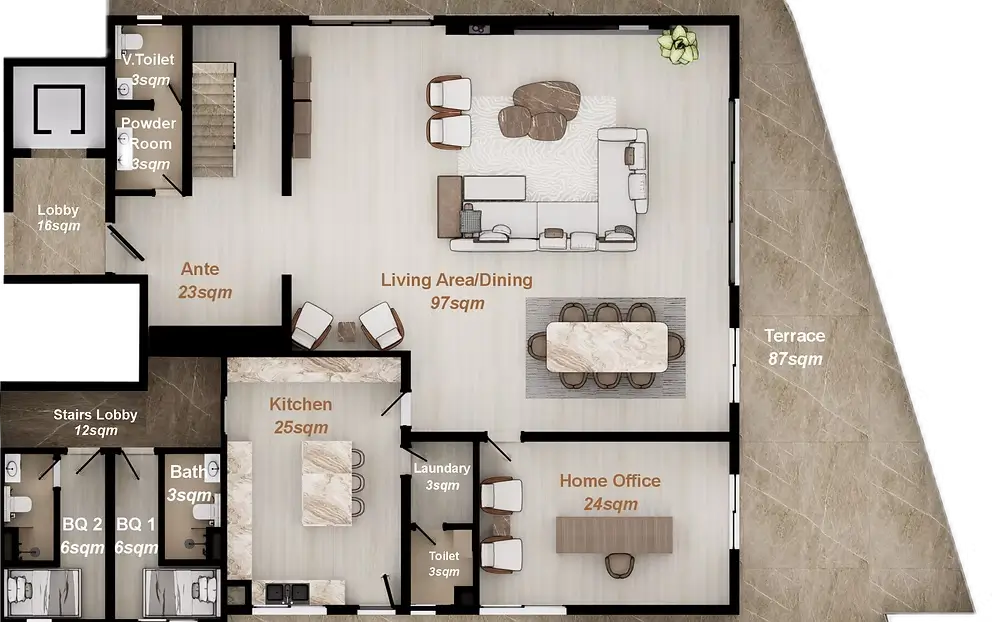 Architectural 2D floor plan for a 5 bedroom Type B lower floor at Amani Banana Island featuring 97sqm living area, home office, 2 BQs, and 87sqm terrace