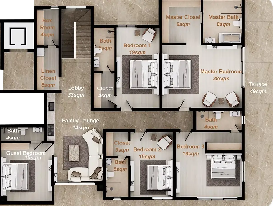 Architectural 2D floor plan for a 5 bedroom Type B upper floor at Amani Banana Island featuring master suite, family lounge, en-suite bedrooms, and 49sqm terrace