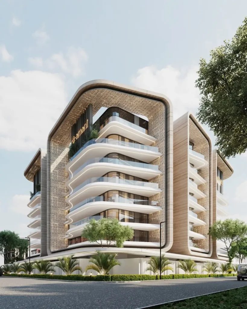3D architectural render of Amani Banana Island luxury development featuring futuristic curved balconies and illuminated canopy facade