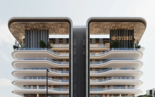 Properties 6 Front architectural 3D render of Amani Banana Island showing symmetrical twin canopy design glass balconies and gated entrance