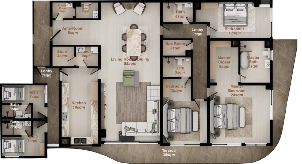 Architectural floor plan of a 3 bedroom luxury apartment type A at Amani Banana Island including 58sqm living area, 2 BQs, and 35sqm terrace