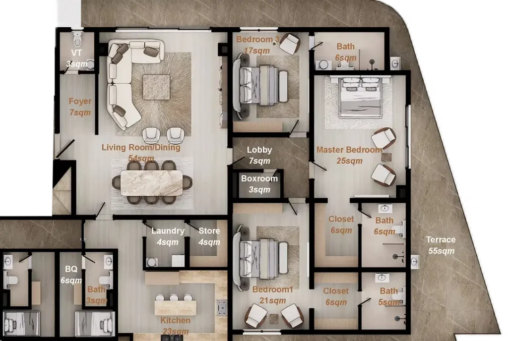 Detailed 2D floor plan for a Type B 3 bedroom luxury apartment at Amani Banana Island with 54sqm living room, master suite, and 55sqm terrace