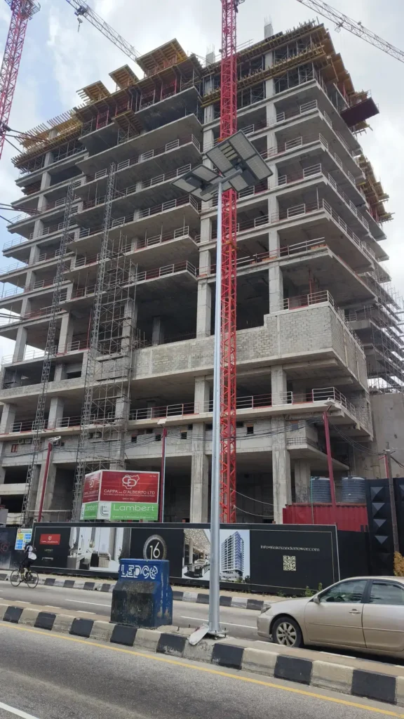 Exterior street level construction update photo of 16 Alexander Tower Ikoyi high-rise development