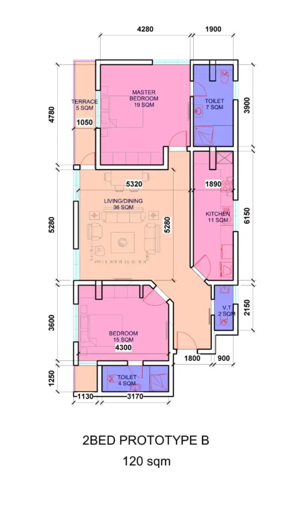 2D architectural floor plan layout for a 120 sqm 2 bedroom Prototype B apartment at Gazania Park Lekki 1
