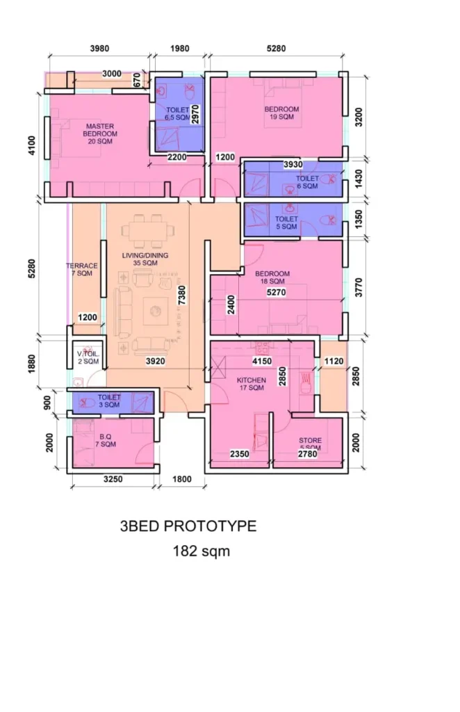Architectural 2D floor plan layout for a 182 sqm 3 bedroom apartment prototype with BQ at Gazania Park Lekki 1