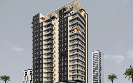 Architectural render of Gloch Tower Victoria Island, a modern luxury high-rise with black and white facade, stacked balconies, illuminated edges, podium base, and landscaped surroundings