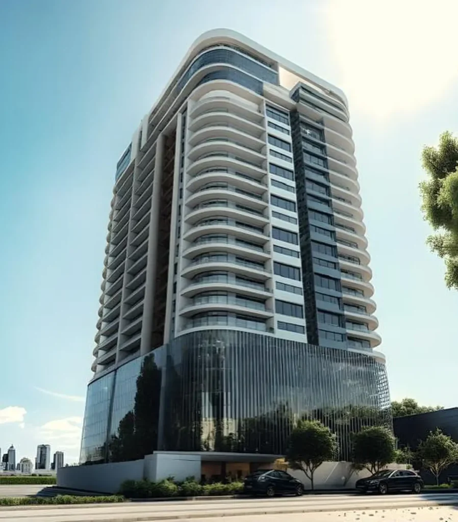 LVI Bourdillon: 2-4 Bed Exceptional Residences on 24 Floors. 2 Low-angle architectural render looking up at LVI Bourdillon 24-floor high-rise building against clear blue sky