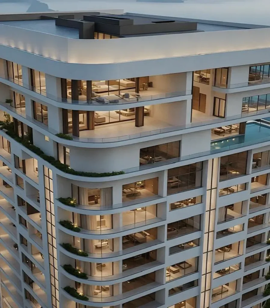 LVI Bourdillon: 2-4 Bed Exceptional Residences on 24 Floors. 1 High-angle architectural render of LVI Bourdillon penthouse floors featuring an elevated sky infinity pool and open terrace suites