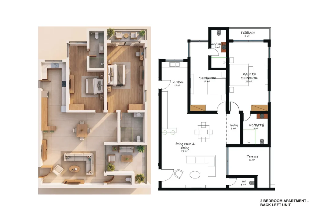 Architectural 2D and 3D floor plan for a 130–138sqm 2 bedroom apartment back left unit at Oba Boulevard Lekki 1 showing living room kitchen master bedroom and terrace