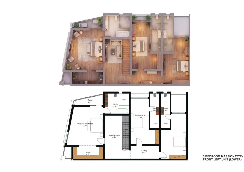 Architectural 2D and 3D floor plan for a 255–272sqm 3 bedroom maisonette with BQ front left lower unit at Oba Boulevard Lekki 1 featuring master suite family room and bedrooms