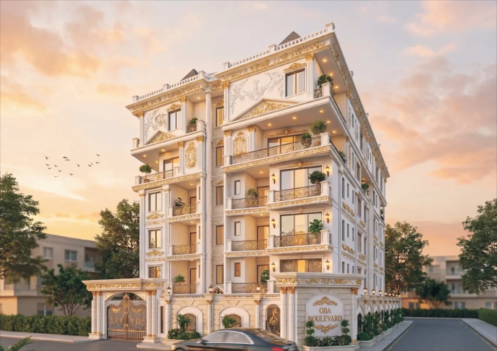3D architectural render of Oba Boulevard Lekki 1 luxury high-rise development showcasing 255–272sqm maisonettes and 130–138sqm apartments with royal gold accents and white marble facade