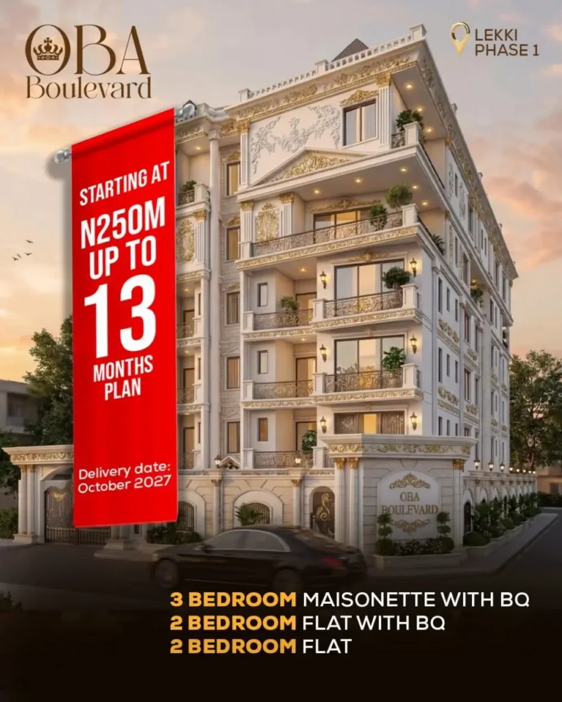 Promotional banner for Oba Boulevard Lekki 1 displaying starting prices from N250M for 130–138sqm 2 bed apartments and 255–272sqm 3 bed maisonettes with up to 13 months payment plan