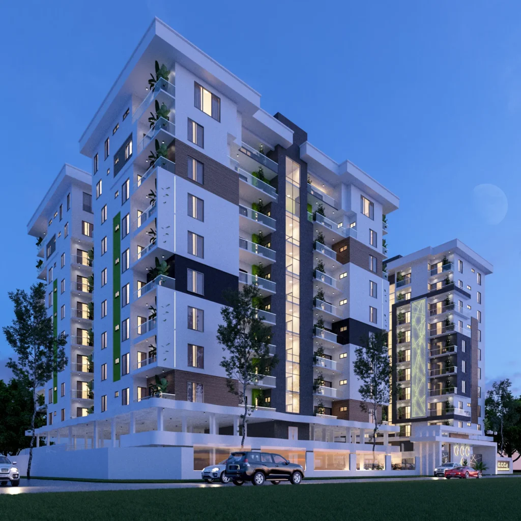 Palazzo Ducale Lekki luxury high-rise apartment building 3D exterior rendering at dusk featuring modern glass balconies and podium parking in Lekki Lagos