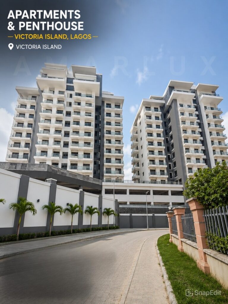 Paramount Twin Towers Oniru luxury apartments and penthouse exterior front view showing twin high-rise buildings with balconies and gated entrance in Victoria Island Lagos