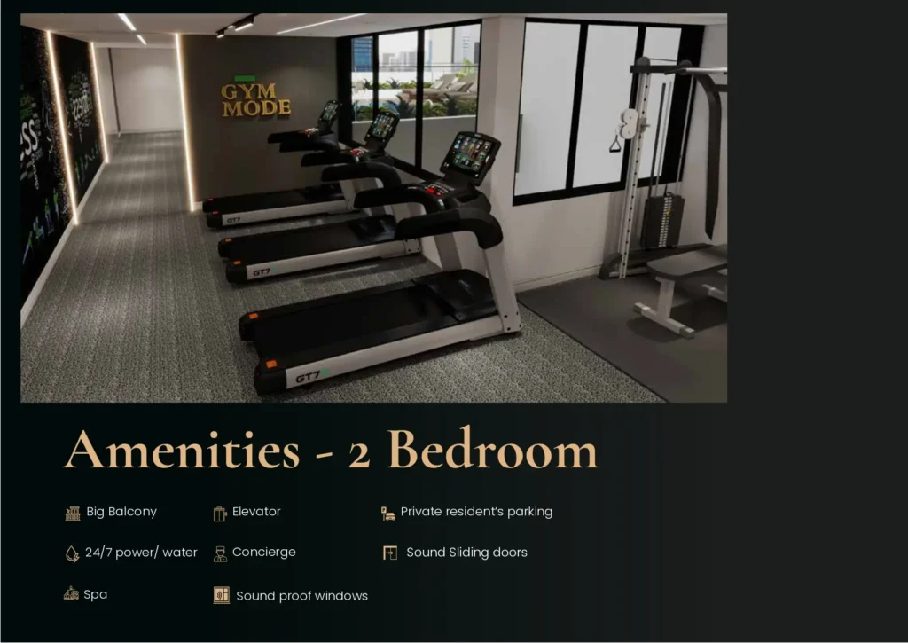 Fitness gym interior and list of luxury amenities for 2 bedroom apartments at The Gogle Lekki Phase 1