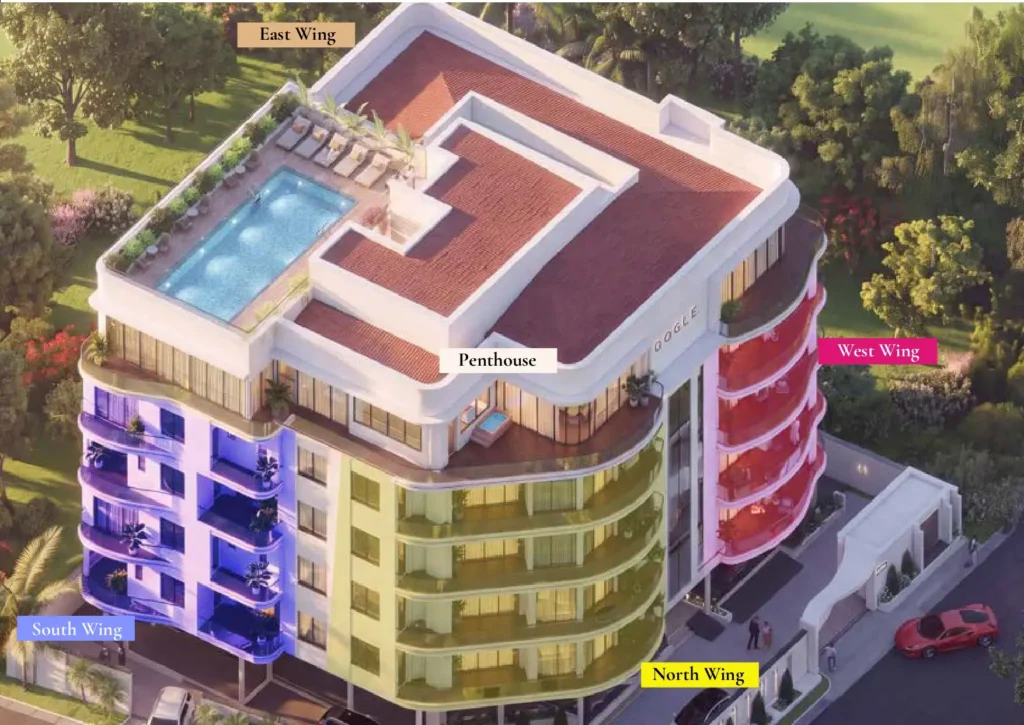 Aerial 3D site diagram of The Gogle Lekki Phase 1 highlighting East West North and South wings along with the penthouse and rooftop pool deck