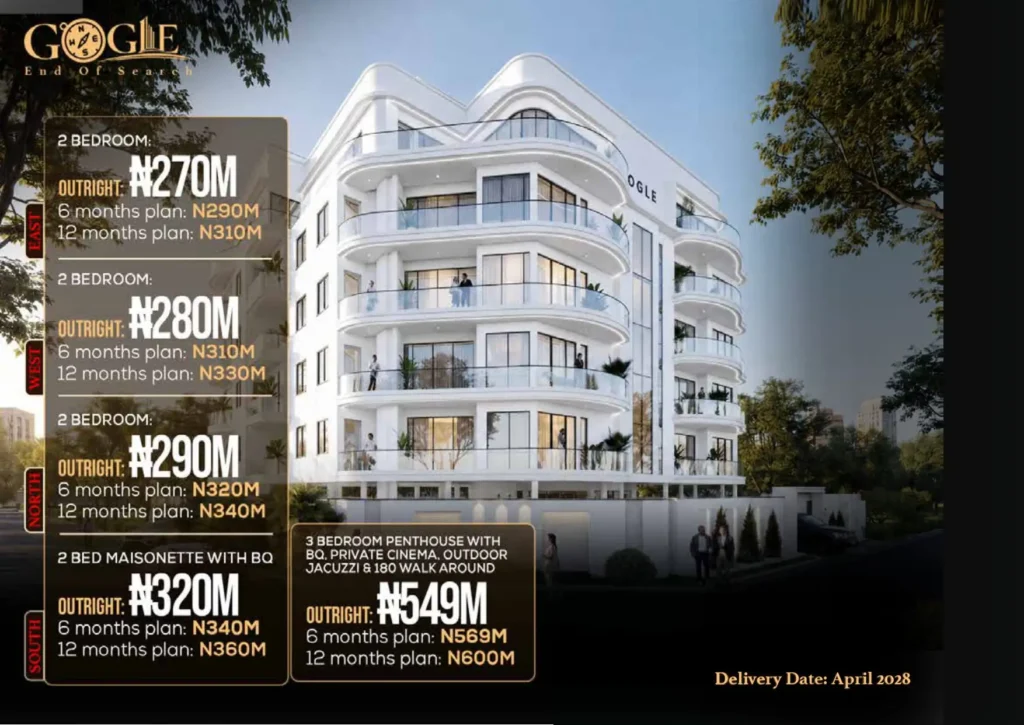 Complete pricing grid banner for The Gogle Lekki Phase 1 apartments maisonettes and penthouses across East West North and South wings