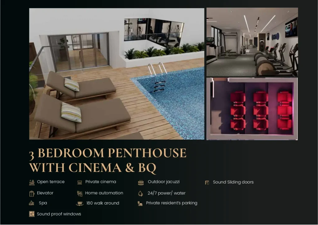 Amenity showcase graphic for 3 bedroom penthouse at The Gogle Lekki Phase 1 including pool deck private cinema and fitness gym