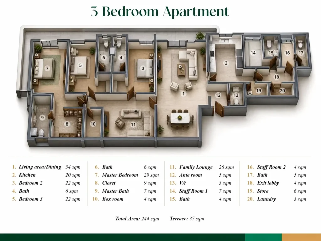 Architectural 3D floor plan for a 244 sqm 3 bedroom luxury apartment with BQ and terrace at Zurii Residences Ikoyi Lagos
