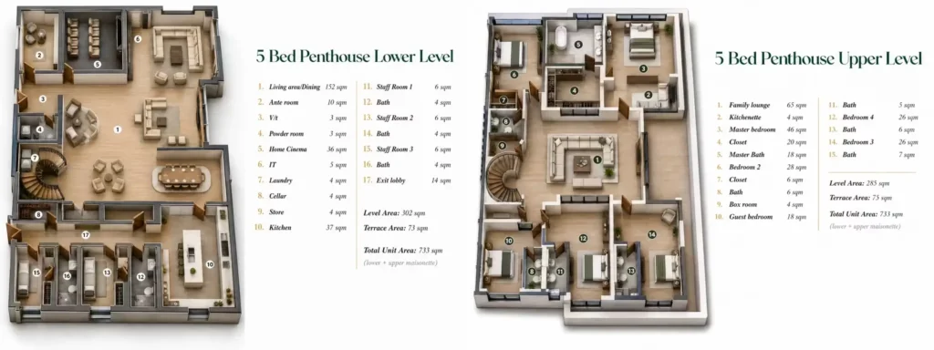 Architectural 3D lower and upper level floor plan layout for the 733 sqm 5 bedroom duplex penthouse at Zurii Residences Ikoyi