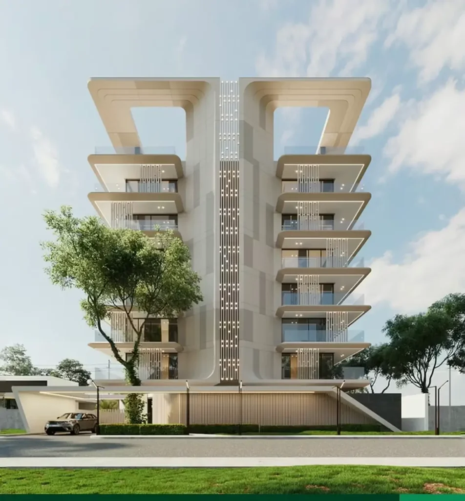 Front architectural 3D exterior render of Zurii Residences Ikoyi featuring modern symmetrical canopy design glass balconies and gated entrance