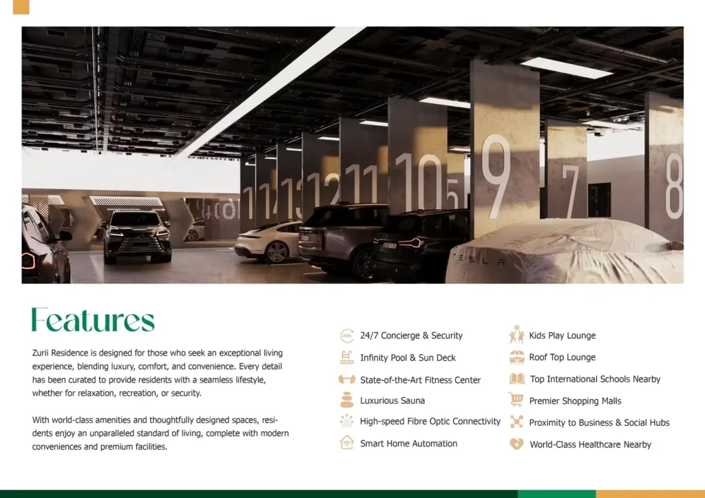 Private covered parking bay rendering and luxury features list for Zurii Residences Ikoyi including infinity pool sauna and smart home automation